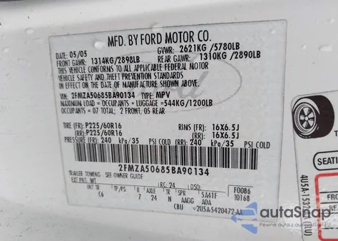 2005 Ford Freestar S из США, поврежденный, VIN 2FMZA50685BA90134